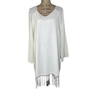 Skies Are‎ Blue Mini Dress Womens Sz Large Off White Fringe Pom Pom Beachy Boho